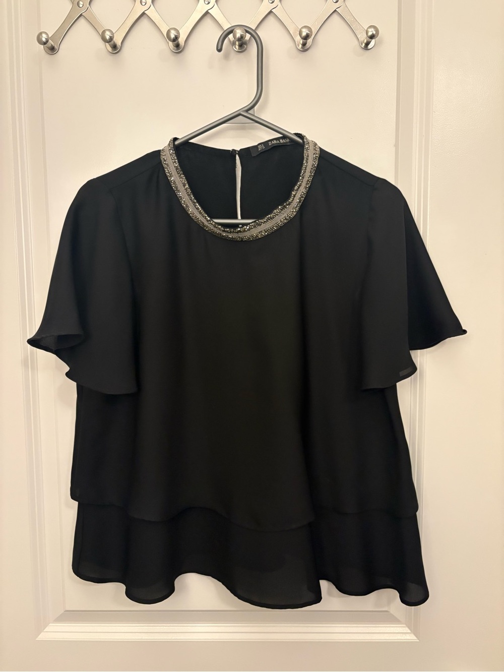 Black Beaded-Neck Layered Flutter-Sleeve Top - Picture 1 of 5